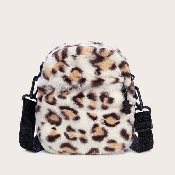 

Fluffy Leopard Pattern Zipper Crossbody Bag, White