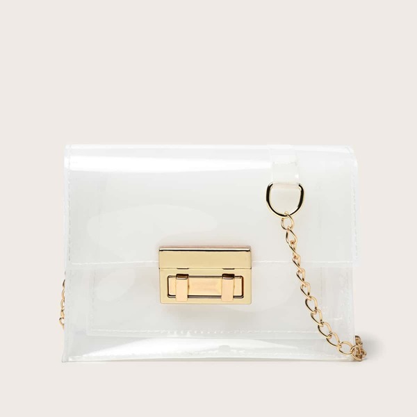 

Metal Lock Flap Chain Bag, White