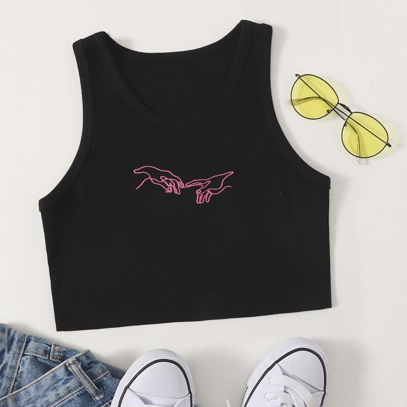 

Hand Embroidery Crop Tank Top, Black
