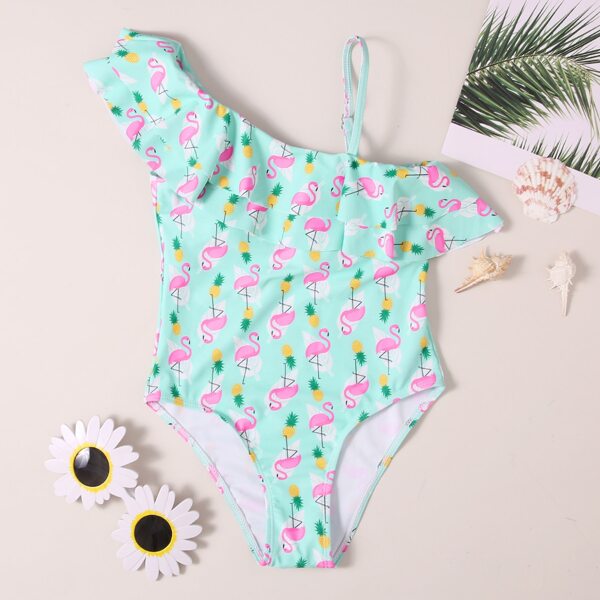 

Girls Flamingo Print One Piece Swimsuit, Multicolor