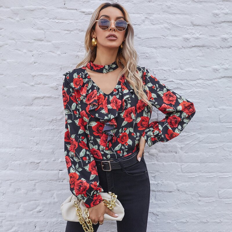 

Allover Floral Ruffle Trim Keyhole Neck Blouse, Multicolor