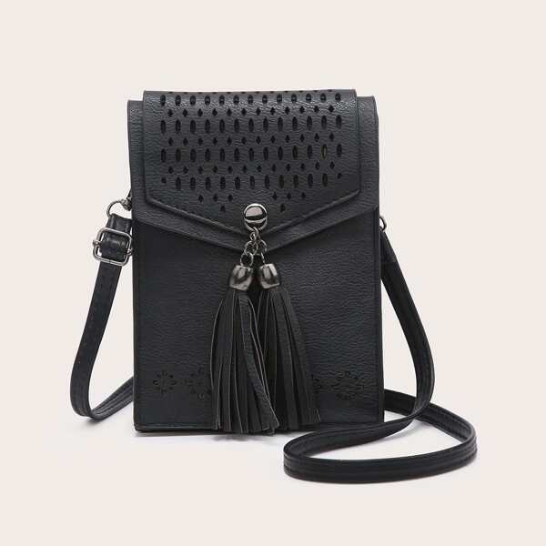 

Tassel Decor Flap Crossbody Bag, Black