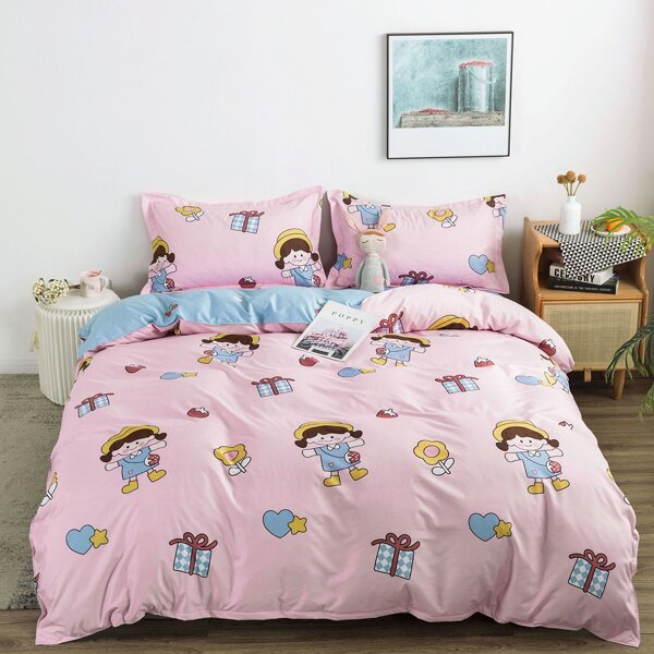 

Cartoon Graphic Bedding Set Without Filler, Pink