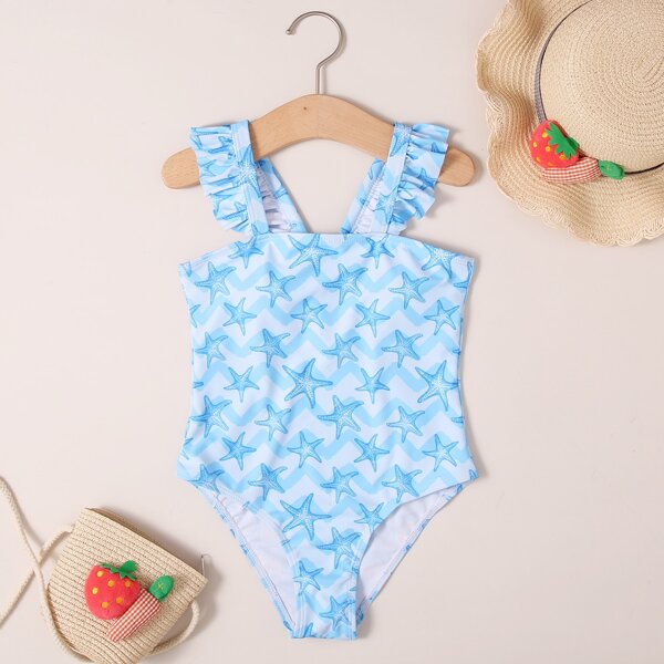 

Girls Star Print Ruffle One Piece Swimsuit, Blue and white