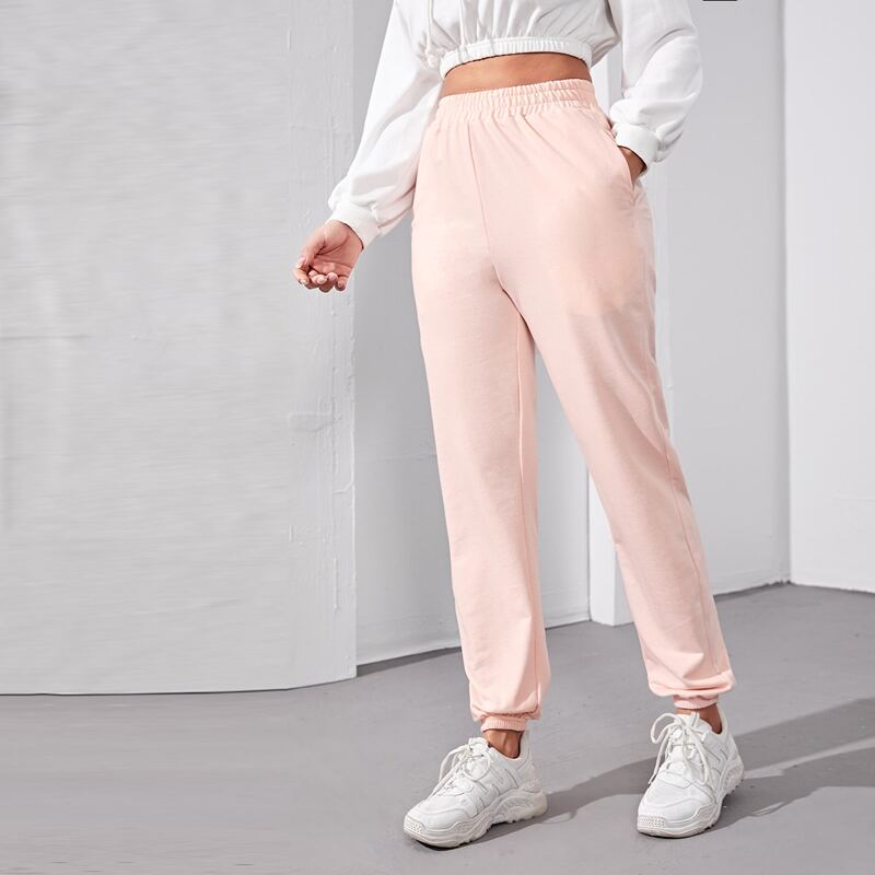 

Slant Pocket Elastic Waist Sports Pants, Baby pink