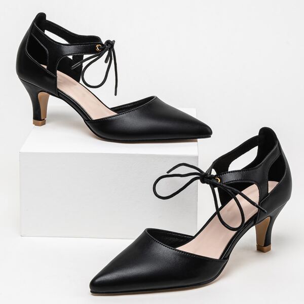 

Point Toe Lace-up Front Court Pumps, Black