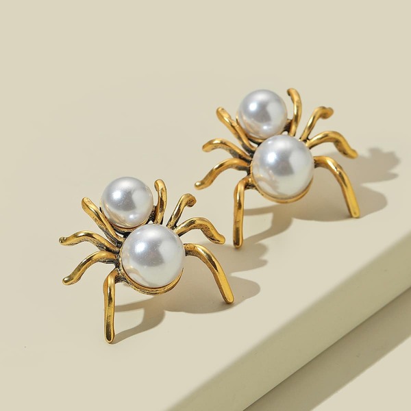

Faux Pearl Spider Design Earrings, Gold