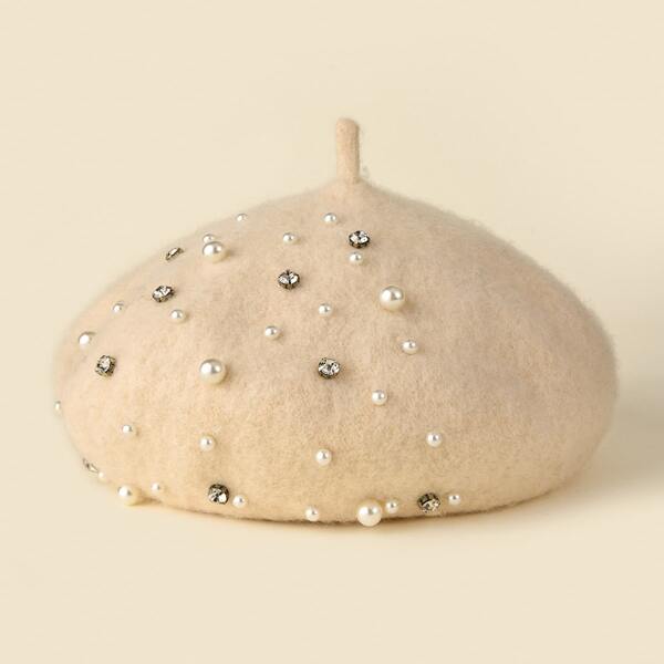 

Faux Pearl Decor Beret, Beige