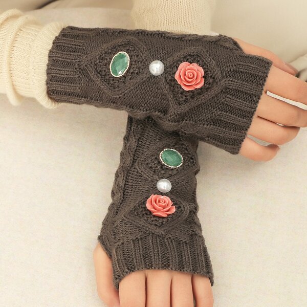 

Faux Pearl Decor Knit Fingerless Gloves, Mocha brown