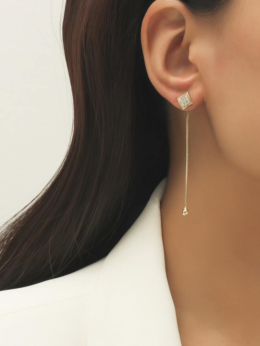 Bông tai thả dải dài Rhinestone - Vàng - Xem 1