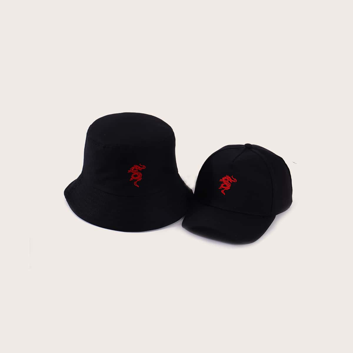 

Dragon Embroidery Bucket Hat & Baseball Cap, Black