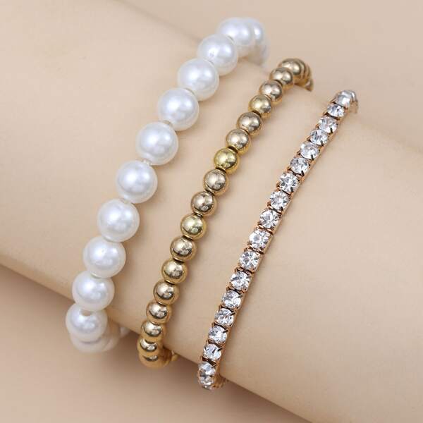 

3pcs Rhinestone & Faux Pearl Decor Bracelet, White
