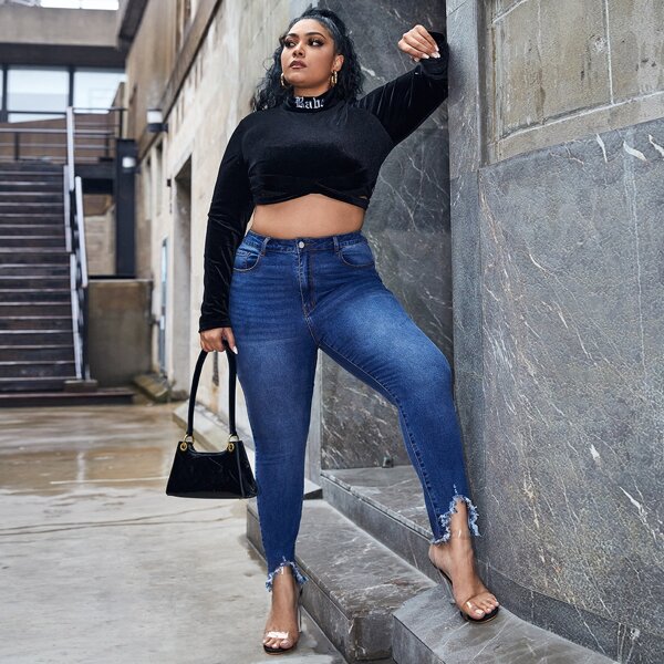 

Plus High Waist Raw Hem Ripped Skinny Jeans, Medium wash