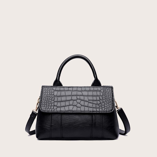 

Croc Embossed Flap Satchel Bag, Black