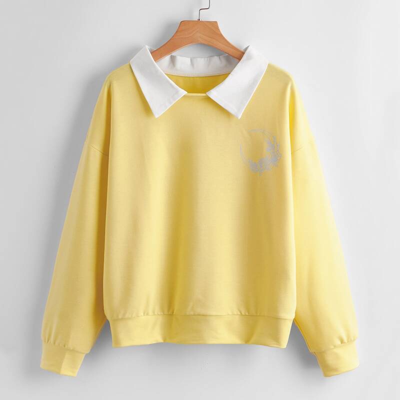 

Flower & Moon Graphic Contrast Collar Sweatshirt, Yellow