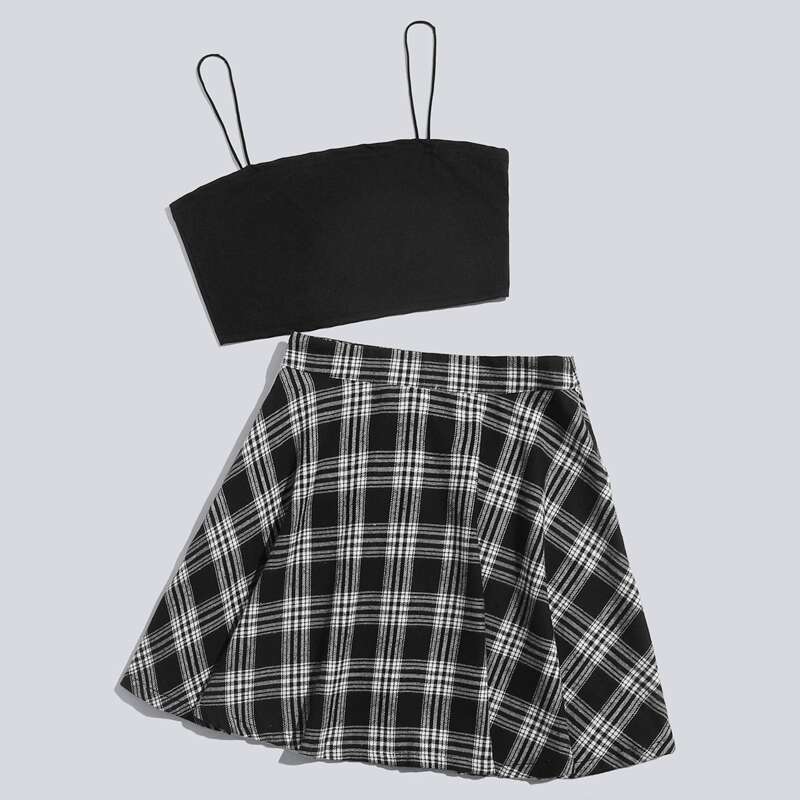 

Solid Crop Cami & Plaid Skater Skirt, Multicolor