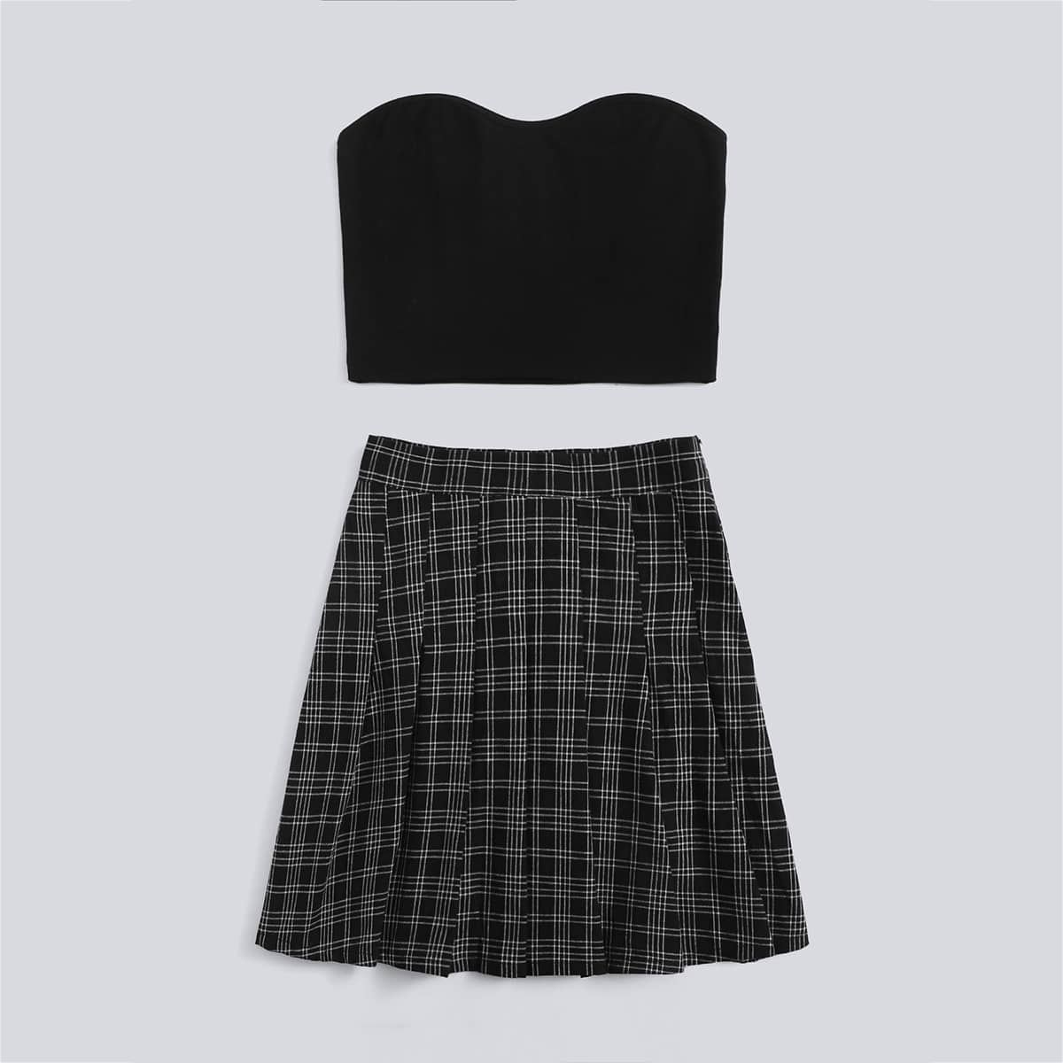 

Solid Tube Top & Plaid Pleated Skirt, Black