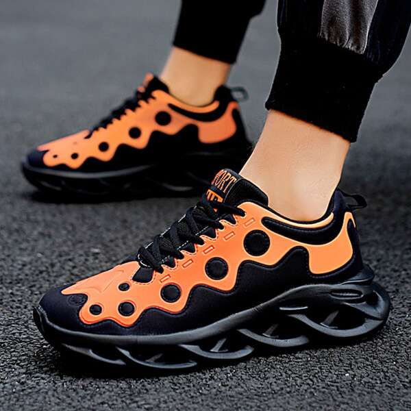 

Men Lace-up Front Color Block Sneakers, Orange