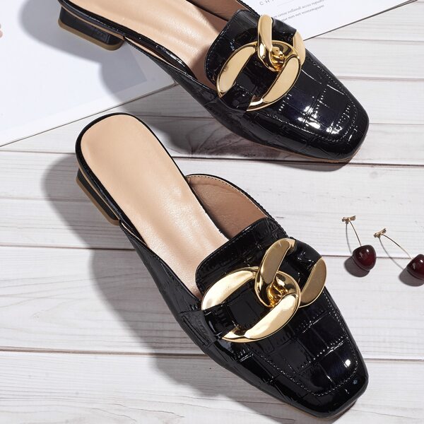 

Metal Decor Croc Embossed Flat Mules, Black