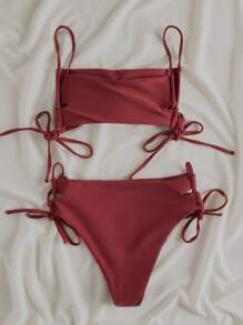 Conjunto de bikini sólido con cordón decorativo y corte alto para playa de verano - Color caoba - Ver 2
