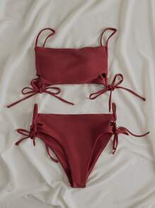 Conjunto de bikini sólido con cordón decorativo y corte alto para playa de verano - Color caoba - Ver 3