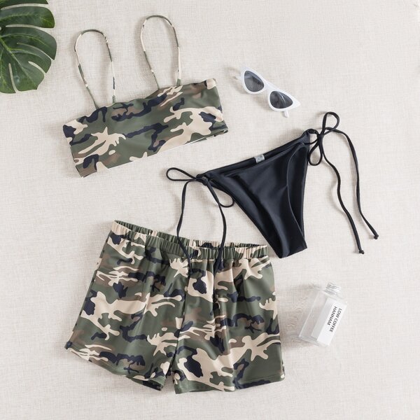 

3pack Camo Co-ord Bikini Swimsuit & Shorts, Multicolor