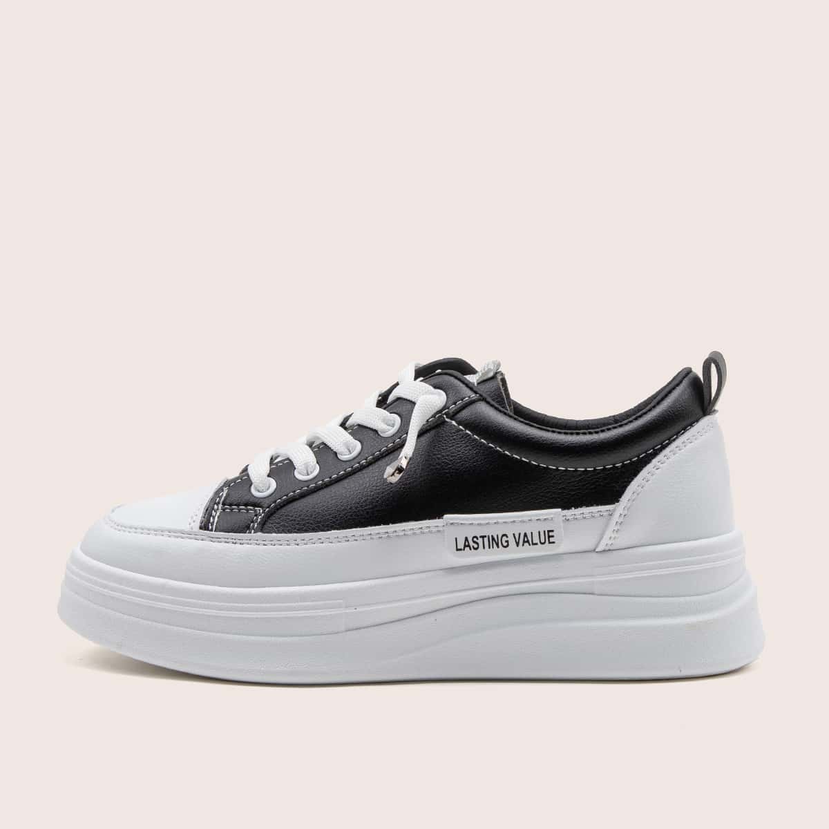 

Letter Patch Two Tone Lace-up Front Sneakers, Black