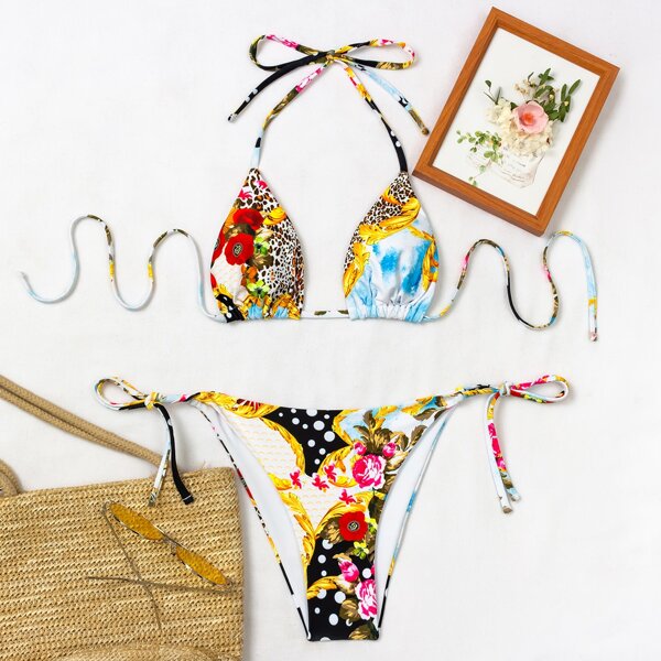 

Floral & Leopard Triangle Tie Side Bikini Swimsuit, Multicolor