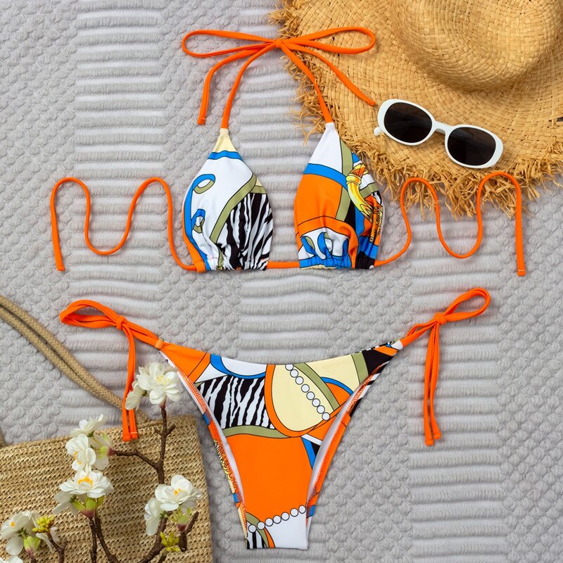 

Graphic Print Triangle Tie Side Bikini Swimsuit, Multicolor