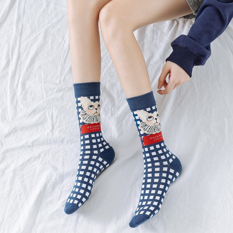 

1pair Plaid & Cat Crew Socks, Multicolor