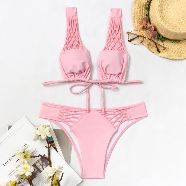 

Hollow-out High Cut Bikini Swimsuit, Pastel baby pink