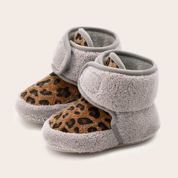 

Baby Girl Leopard Velcro Strap Fluffy Boots, Grey
