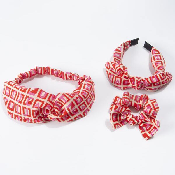 

3pcs Geo Print Hair Accessory, Red