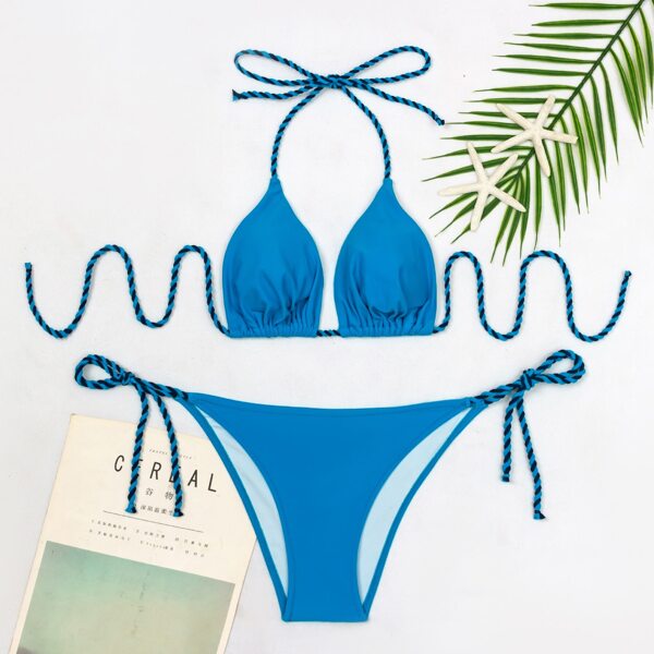 

Solid Halter Tie Side Bikini Swimsuit, Blue