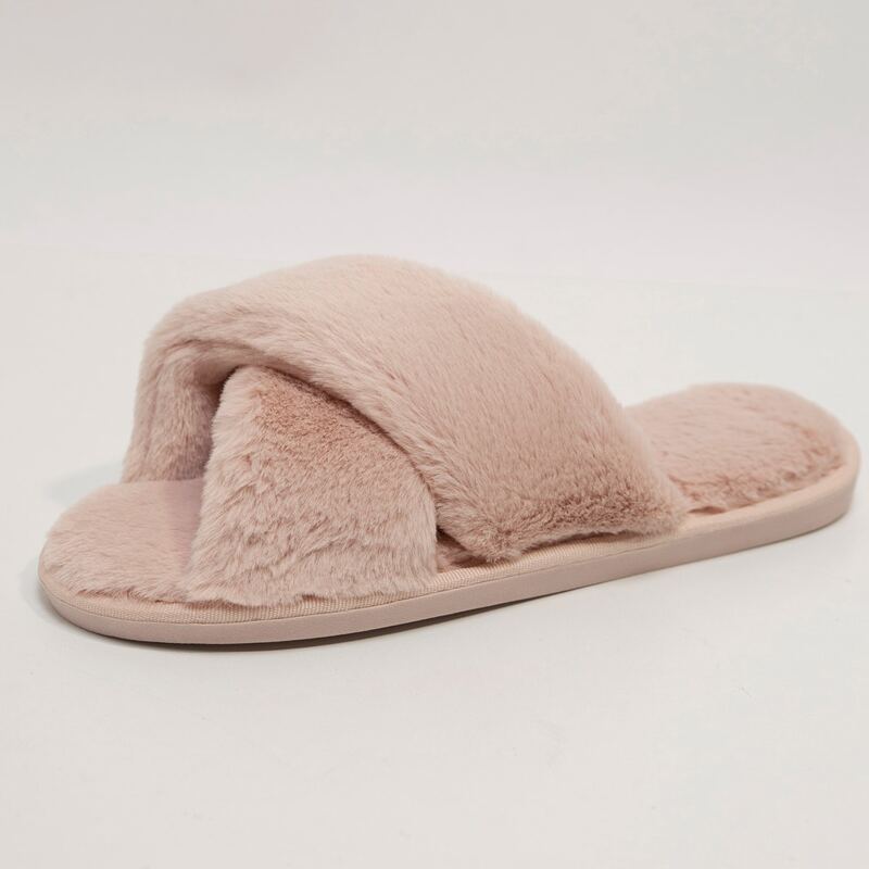 

Solid Cross Strap Fluffy Slippers, Baby pink