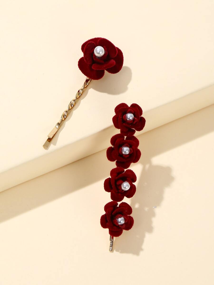 2入組人造珍珠花朵裝飾髮夾 - 紅色 - 查看 1