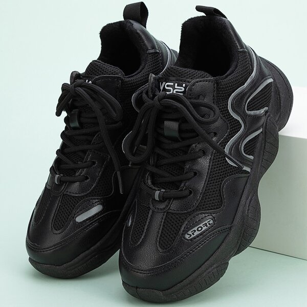

Lace Up Front Mesh Panel Chunky Sneakers, Black