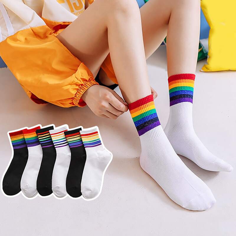 

1pair Random Rainbow Striped Crew Socks, Multicolor