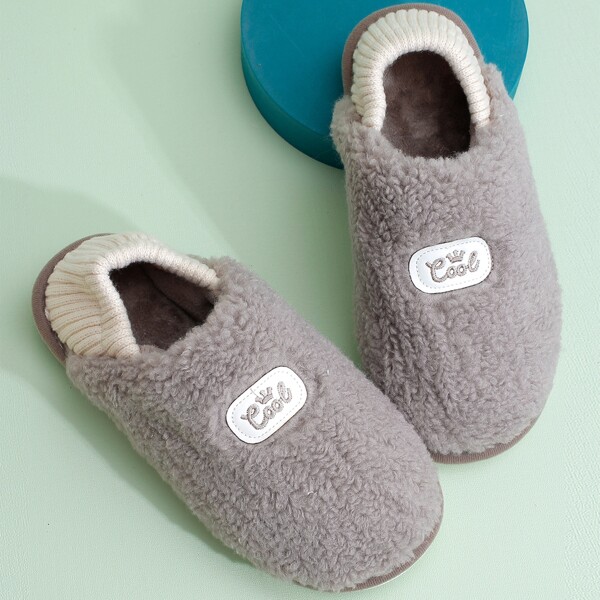 

Men Letter Embroidered Fluffy Bedroom Slippers, Grey