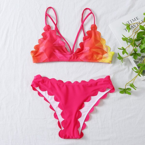 

Scallop Trim Harness Bikini Swimsuit, Hot pink