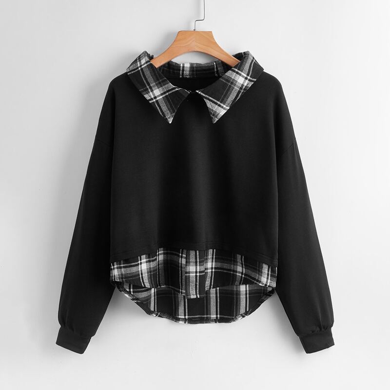 

Contrast Plaid Collar Sweatshirt, Black