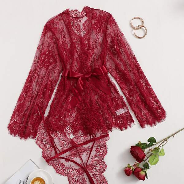 

Plus Floral Lace Teddy Bodysuit & Belted Robe, Burgundy