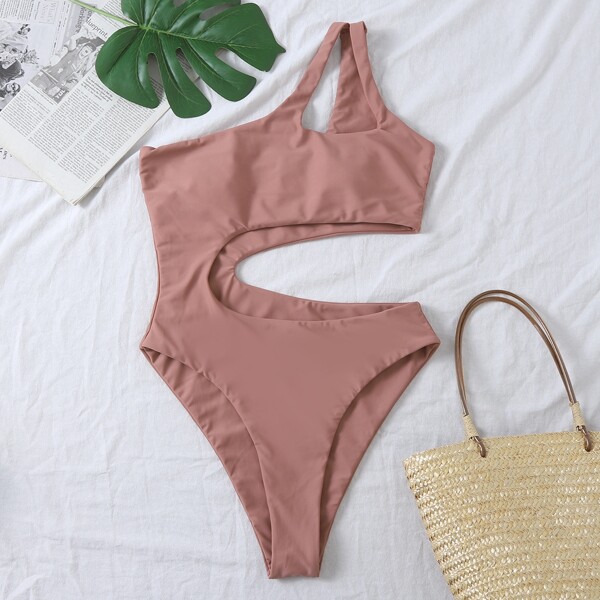 

Cut Out One Shoulder One Piece Swimsuit, Dusty pink