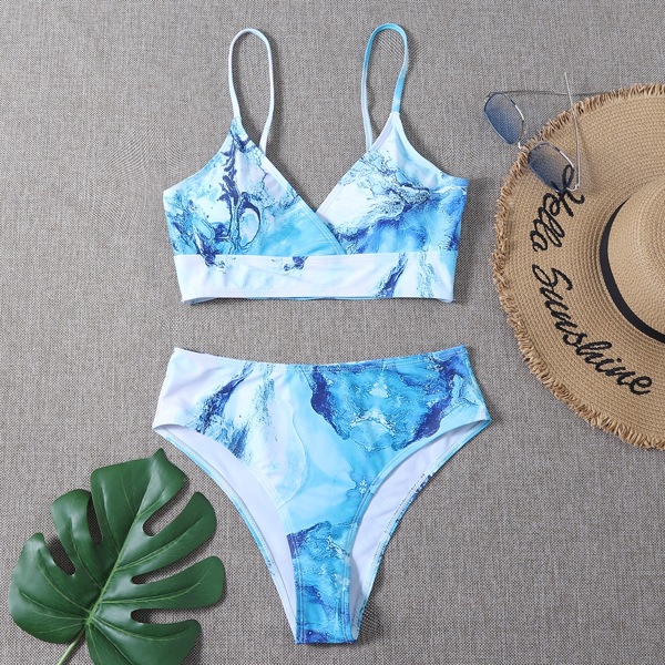 

Abstract Fluid Pattern High Waisted Bikini Swimsuit, Blue and white