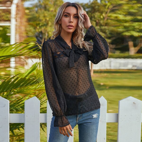 

Swiss Dot Peekaboo Tie Neck Sheer Blouse, Black