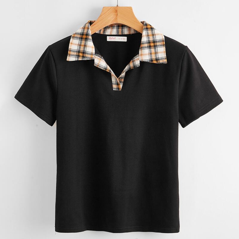 

Contrast Plaid-Collar Tee, Black