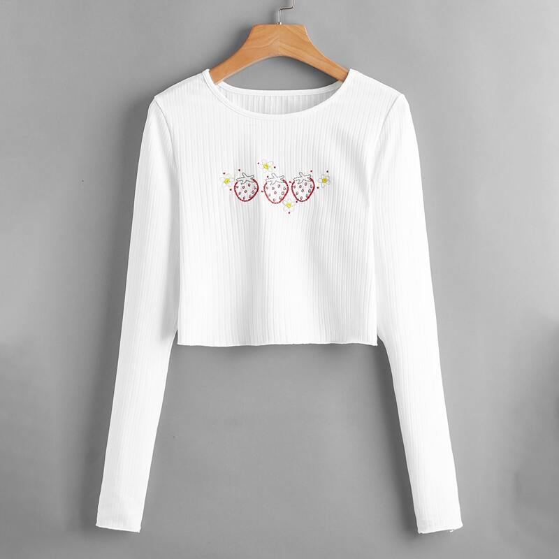 

Strawberry & Flower Embroidery Ribbed Crop Tee, White