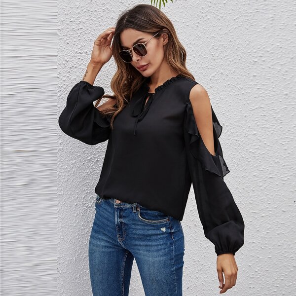 

Cold Shoulder Tie Neck Blouse, Black