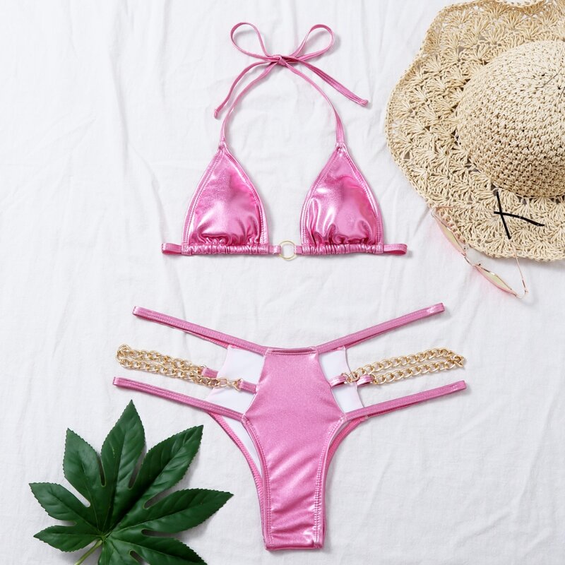 

Metallic Chain Linked Cut-out Triangle Bikini Swimsuit, Pink