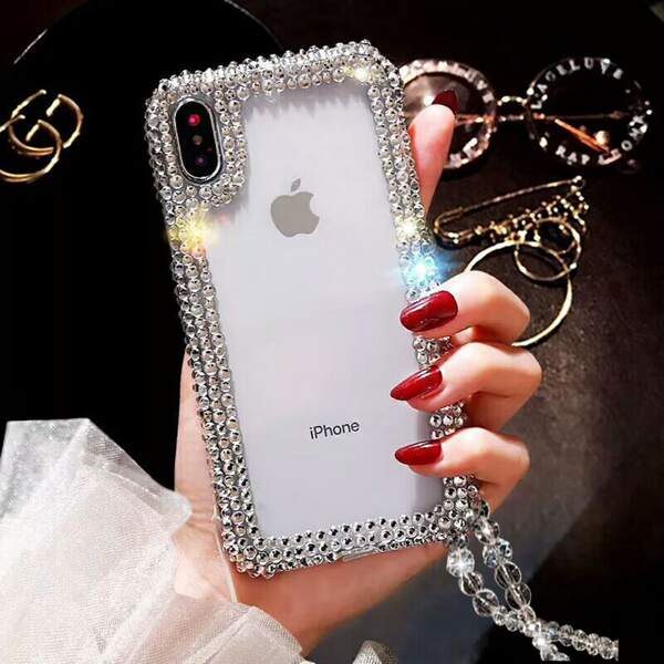 

Rhinestone Frame Clear iPhone Case With Lanyard, White